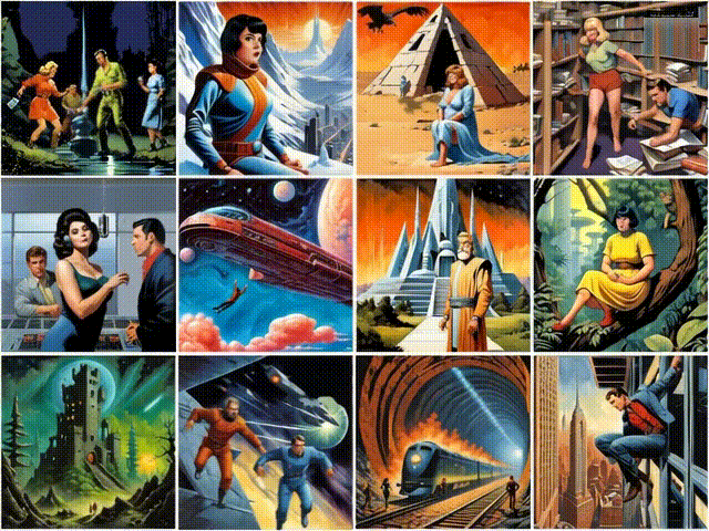 43-Collagen-Video (von KI-Grok) mit retro-futuristischen Science-Fiction-Szenen im Stil klassischer Pulp-Magazine: Abenteuer, Raumschiffe, fremde Planeten und dramatische Figuren in leuchtenden Farben.