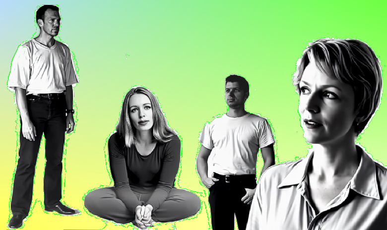 Die KI-Animation zeigt vier Personen in einer Schwarz-Weiß-Darstellung vor einem hellen Hintergrund, darunter eine stehende Person mit kurzen dunklen Haaren in einem hellen T-Shirt und dunkler Hose sowie eine sitzende Person mit langen hellen Haaren in einem dunklen Outfit. Eine weitere stehende Person mit kurzen dunklen Haaren trägt ein helles T-Shirt und dunkle Hose, während eine vierte Person mit kurzen hellen Haaren ein helles Hemd anhat und den Mund leicht geöffnet hat. Die Personen sind in verschiedenen Posen dargestellt und blicken in unterschiedliche Richtungen. Die KI-Animation zeigt vier Personen in einer Schwarz-Weiß-Darstellung vor einem hellen Hintergrund, darunter eine stehende Person mit kurzen dunklen Haaren in einem hellen T-Shirt und dunkler Hose sowie eine sitzende Person mit langen hellen Haaren in einem dunklen Outfit. Eine weitere stehende Person mit kurzen dunklen Haaren trägt ein helles T-Shirt und dunkle Hose, während eine vierte Person mit kurzen hellen Haaren ein helles Hemd anhat und den Mund leicht geöffnet hat. Die Personen sind in verschiedenen Posen dargestellt und blicken in unterschiedliche Richtungen.