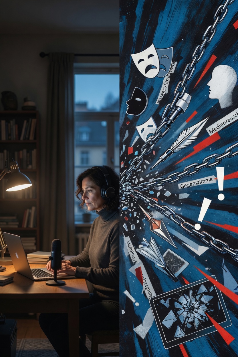 Geteiltes Bild: Links sitzt eine Frau mit Kopfhörern konzentriert an einem Holzschreibtisch in einem abendlich beleuchteten Zimmer, vor einem Laptop, mit Mikrofon und Schreibtischlampe. Rechts eine dynamische, dunkle Grafik in Blau und Rot mit zerbrechenden Ketten, Theatermasken, Schreibfedern, zerbrochenem Bildschirm und Texten wie „Medienrausch“, „Gegenstimme“ und „Wahrheit“ – Symbolik für Satire, Gesellschaftskritik und Aktivismus.