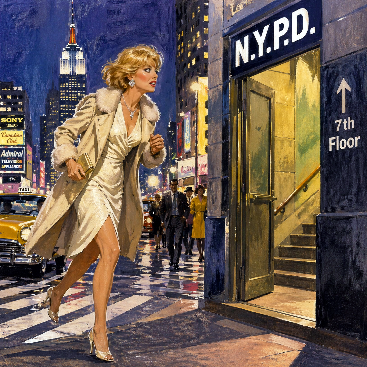 Elegante Filmdiva l�uft auf ein NYPD-Geb�ude zu